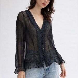 Spicy Sugar Y2K Sheer Black Lace Blouse Size Small Button Down Ruffle Dark Fairy
